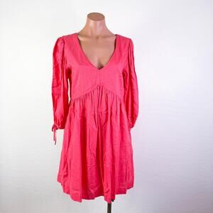 Every 3/4  Sleeve V-Neck Linen Blend Mini Dress Pink Barbiecore Summer Sz S NWT